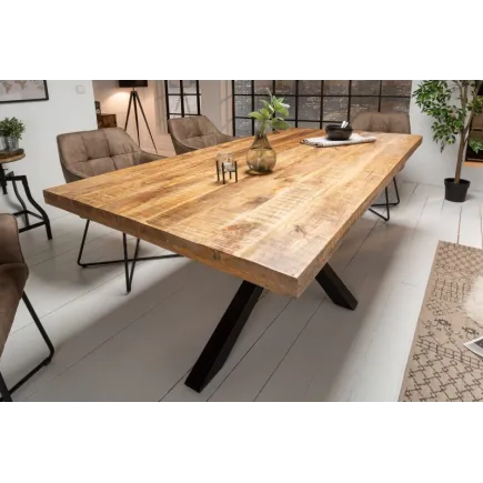 Table sale à manger 160 cm en bois massif et pied Mikado métal noir design