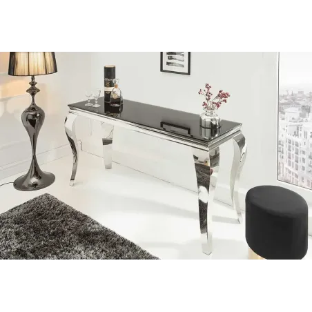 Console élégante MODERN BAROCK 145cm verre opale noir pieds en acier inoxydable