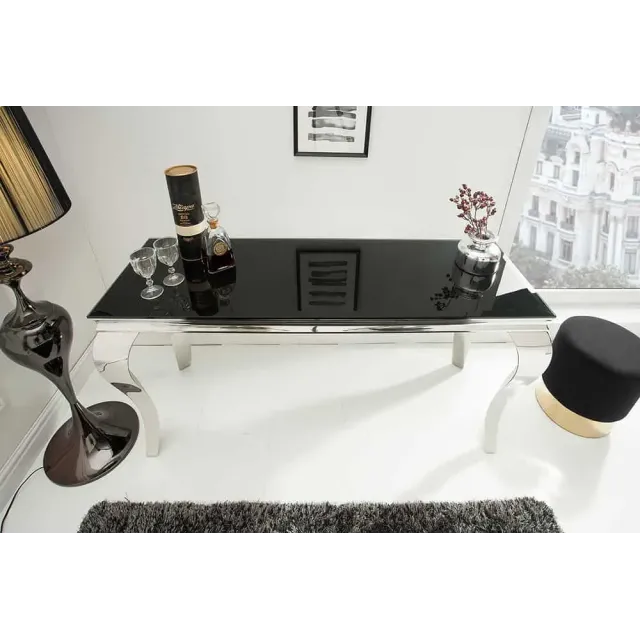 Console élégante MODERN BAROCK 145cm verre opale noir pieds en acier inoxydable