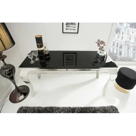 Console élégante MODERN BAROCK 145cm verre opale noir pieds en acier inoxydable