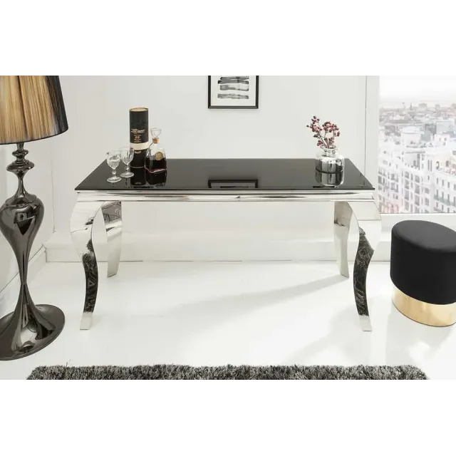 Console élégante MODERN BAROCK 145cm verre opale noir pieds en acier inoxydable