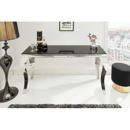 Console élégante MODERN BAROCK 145cm verre opale noir pieds en acier inoxydable
