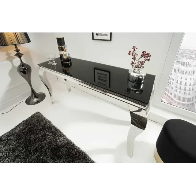 Console élégante MODERN BAROCK 145cm verre opale noir pieds en acier inoxydable