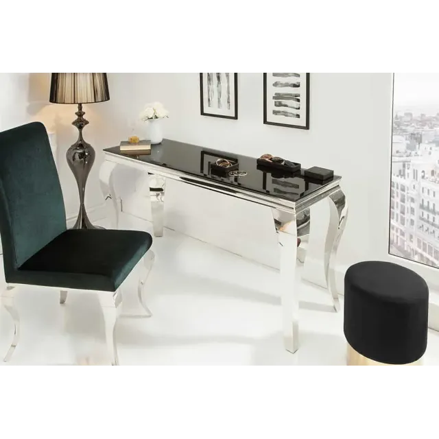 Console élégante MODERN BAROCK 145cm verre opale noir pieds en acier inoxydable