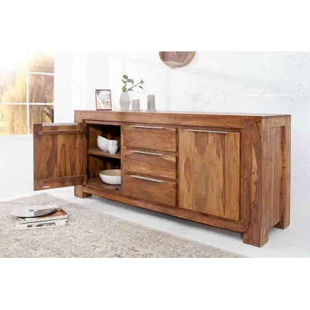Buffet en Bois Massif Sheesham 180 cm — 2 Portes & 3 Tiroirs, Coloris Naturel