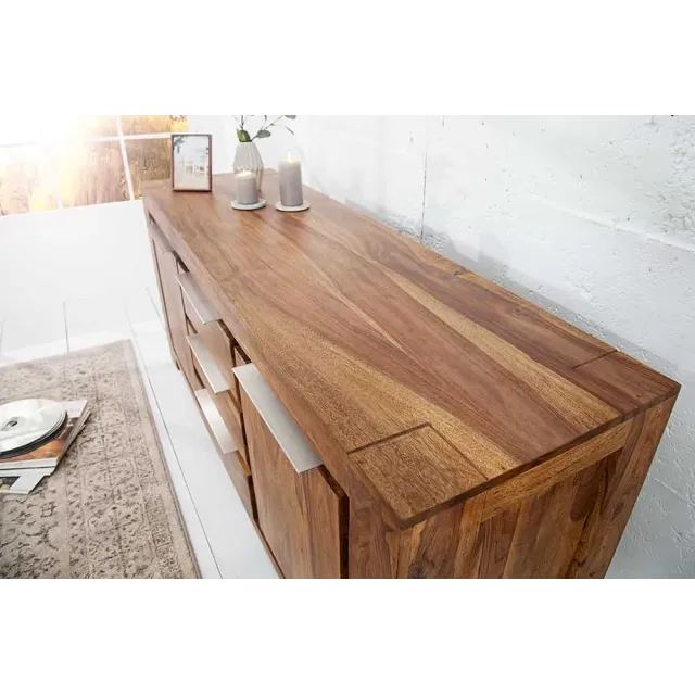 Buffet en Bois Massif Sheesham 180 cm — 2 Portes & 3 Tiroirs, Coloris Naturel