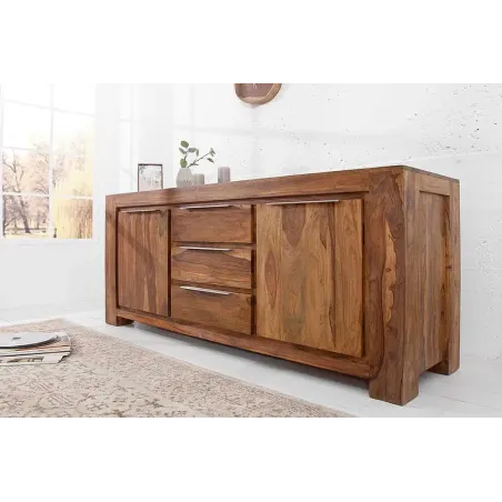 Buffet en Bois Massif Sheesham 180 cm — 2 Portes & 3 Tiroirs, Coloris Naturel
