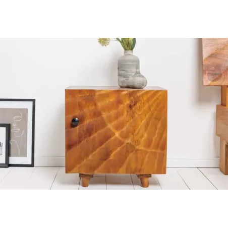 Table de chevet en bois massif de manguier – Design artisanal avec façade 3D sculptée