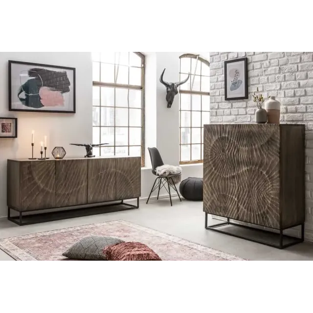 Buffet haut en bois massif SCORPION 120 cm – Acacia gris avec sculptures 3D artistiques