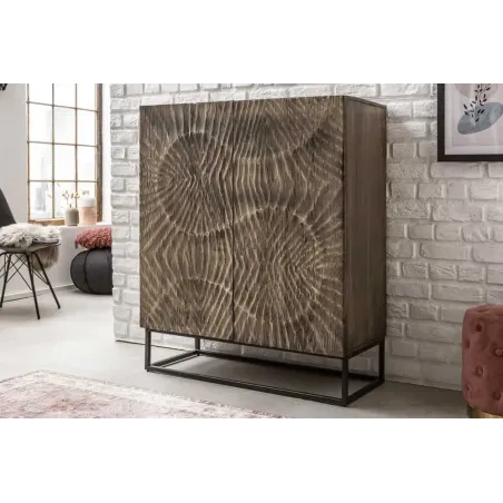 Buffet haut en bois massif SCORPION 120 cm – Acacia gris avec sculptures 3D artistiques