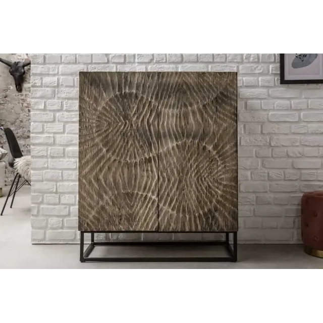Buffet haut en bois massif SCORPION 120 cm – Acacia gris avec sculptures 3D artistiques