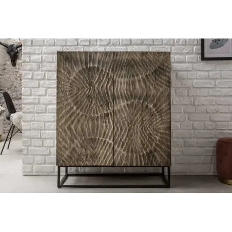 Buffet haut en bois massif SCORPION 120 cm – Acacia gris avec sculptures 3D artistiques