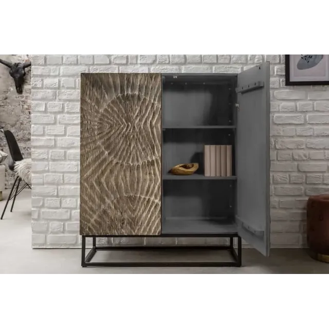 Buffet haut en bois massif SCORPION 120 cm – Acacia gris avec sculptures 3D artistiques