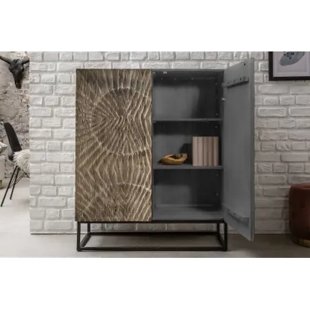 Buffet haut en bois massif SCORPION 120 cm – Acacia gris avec sculptures 3D artistiques