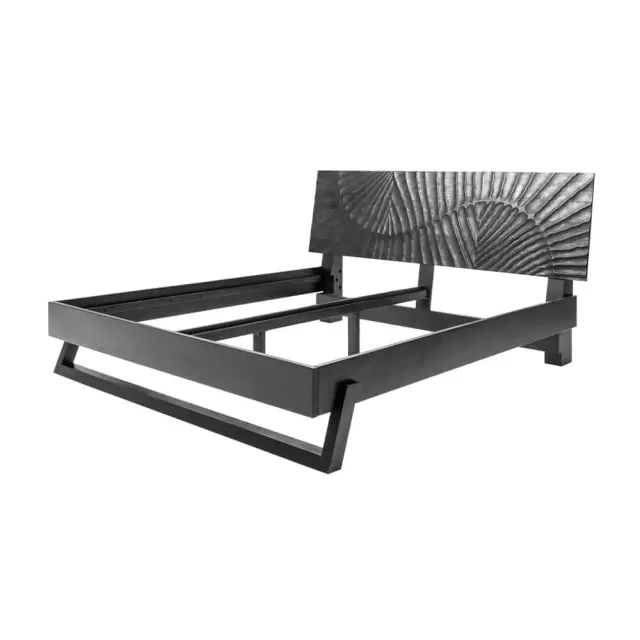 Lit double massif en bois de manguier noir 180 x 200 cm – Design sculpté artisanal et robuste