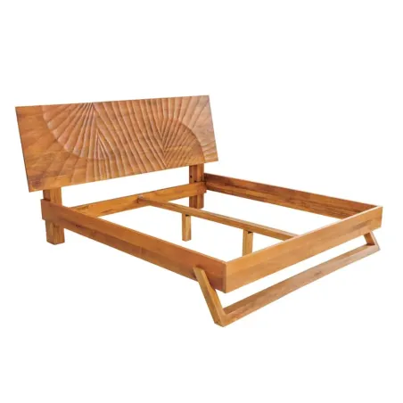 Lit double en bois massif de manguier 180 x 200 cm – Sculpté à la main, finition brune élégante
