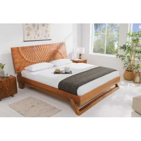 Lit double en bois massif de manguier 180 x 200 cm – Sculpté à la main, finition brune élégante