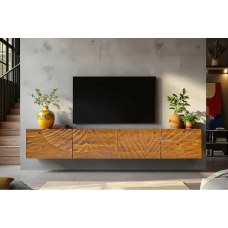 Meuble TV massif suspendu SCORPION 200 cm – Bois de manguier brun sculpté à la main, design moderne