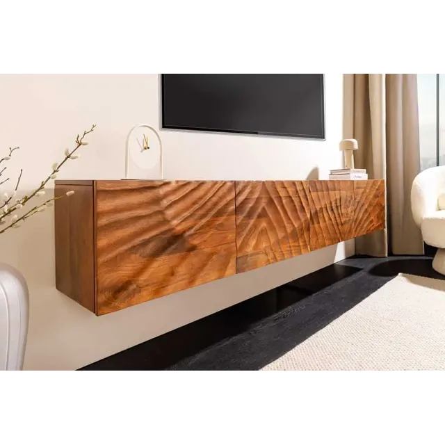 Meuble TV massif suspendu SCORPION 200 cm – Bois de manguier brun sculpté à la main, design moderne