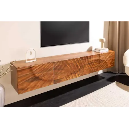 Meuble TV massif suspendu SCORPION 200 cm – Bois de manguier brun sculpté à la main, design moderne
