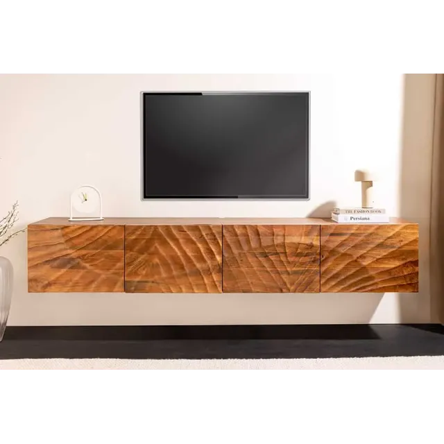 Meuble TV massif suspendu SCORPION 200 cm – Bois de manguier brun sculpté à la main, design moderne
