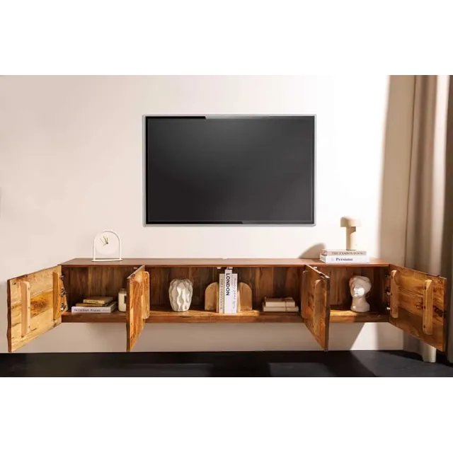 Meuble TV massif suspendu SCORPION 200 cm – Bois de manguier brun sculpté à la main, design moderne