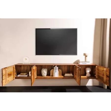 Meuble TV massif suspendu SCORPION 200 cm – Bois de manguier brun sculpté à la main, design moderne
