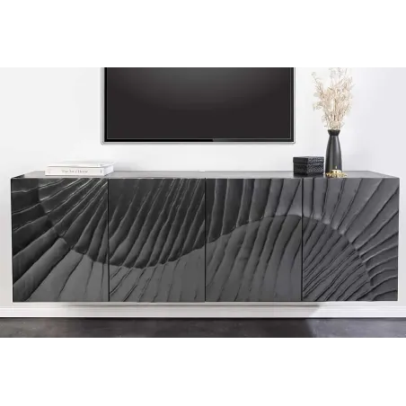 Buffet suspendu en bois massif de manguier noir 177 cm – Design artisanal sculpté à la main, grand espace de rangement