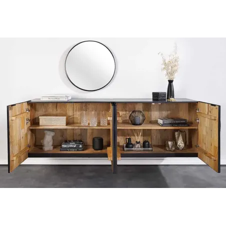 Buffet suspendu en bois massif de manguier noir 177 cm – Design artisanal sculpté à la main, grand espace de rangement