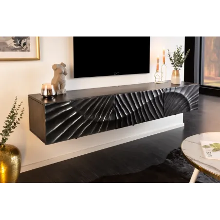 Meuble TV suspendu SCORPION 160 cm – Bois massif de manguier noir sculpté à la main, design moderne