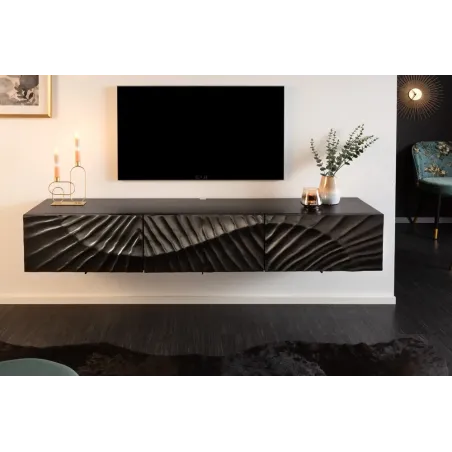 Meuble TV suspendu SCORPION 160 cm – Bois massif de manguier noir sculpté à la main, design moderne