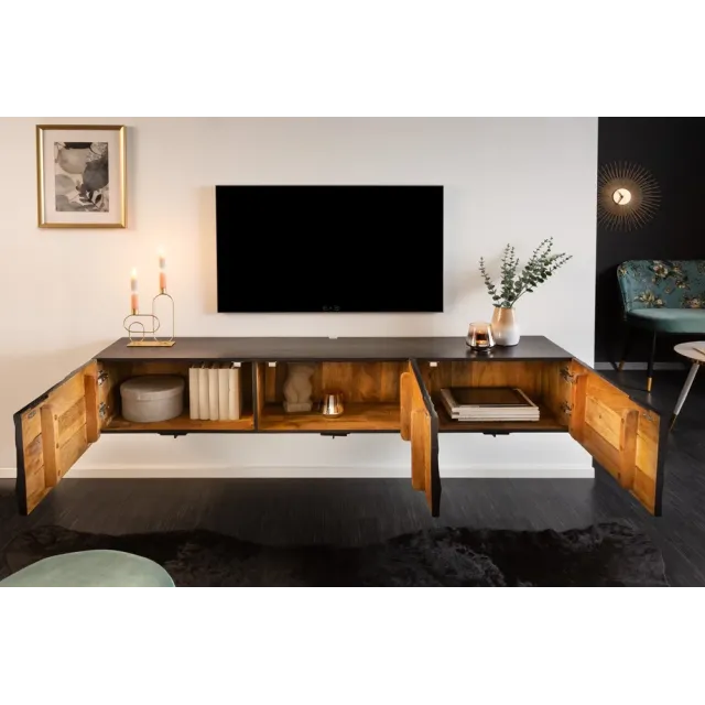 Meuble TV suspendu SCORPION 160 cm – Bois massif de manguier noir sculpté à la main, design moderne