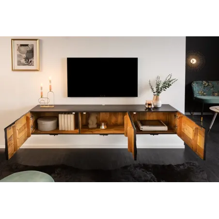 Meuble TV suspendu SCORPION 160 cm – Bois massif de manguier noir sculpté à la main, design moderne