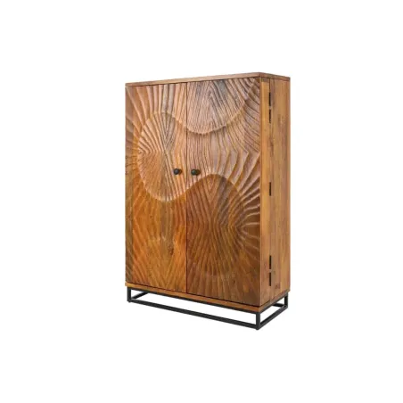 Meuble de bar SCORPION 141 cm – Bois massif de manguier brun sculpté, piètement noir, rangement pour bouteilles et verres