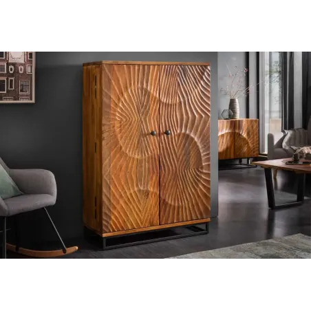 Meuble de bar SCORPION 141 cm – Bois massif de manguier brun sculpté, piètement noir, rangement pour bouteilles et verres