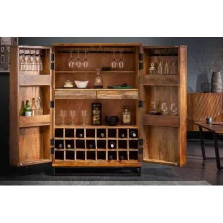 Meuble de bar SCORPION 141 cm – Bois massif de manguier brun sculpté, piètement noir, rangement pour bouteilles et verres