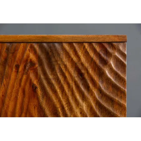 Meuble de bar SCORPION 141 cm – Bois massif de manguier brun sculpté, piètement noir, rangement pour bouteilles et verres