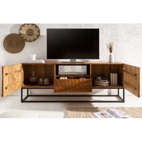 Meuble tv SCORPION 160 cm – Bois de manguier sculpté 3D, piètement noir