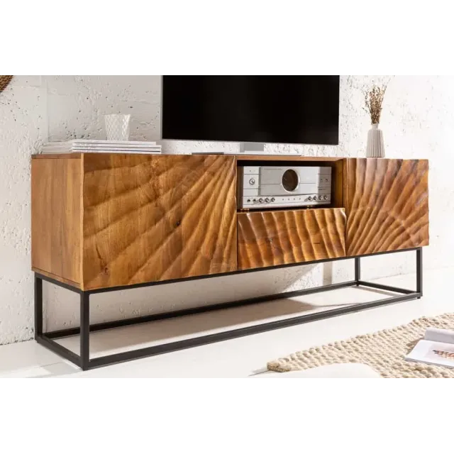 Meuble tv SCORPION 160 cm – Bois de manguier sculpté 3D, piètement noir