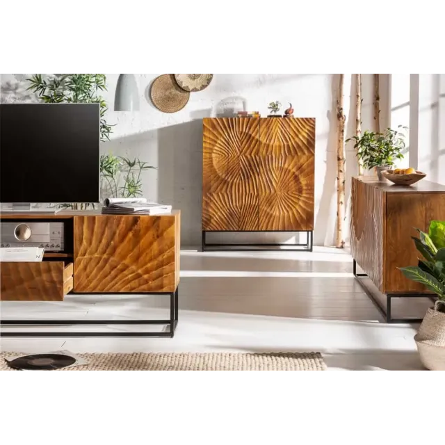 Meuble tv SCORPION 160 cm – Bois de manguier sculpté 3D, piètement noir