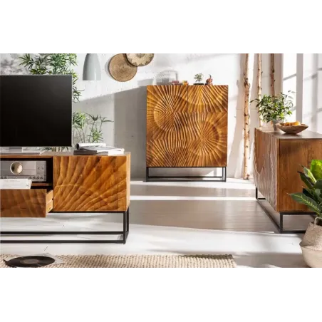 Meuble tv SCORPION 160 cm – Bois de manguier sculpté 3D, piètement noir