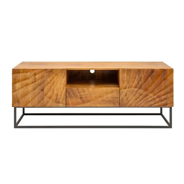 Meuble tv SCORPION 160 cm – Bois de manguier sculpté 3D, piètement noir