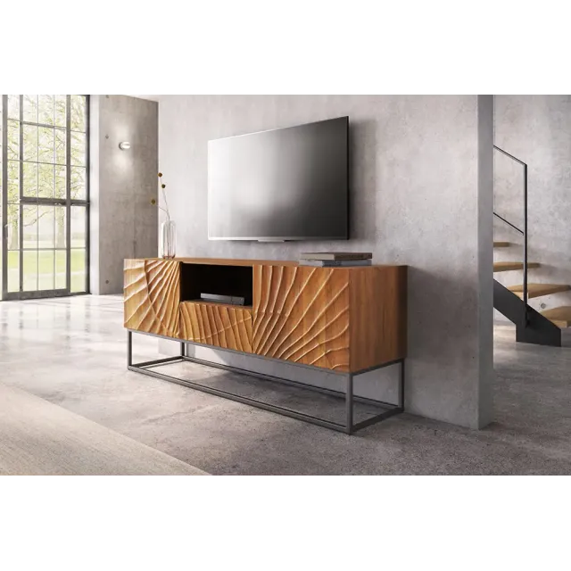 Meuble tv SCORPION 160 cm – Bois de manguier sculpté 3D, piètement noir
