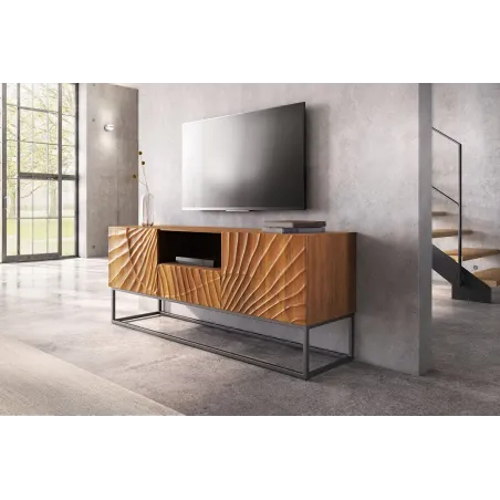 Meuble tv SCORPION 160 cm – Bois de manguier sculpté 3D, piètement noir