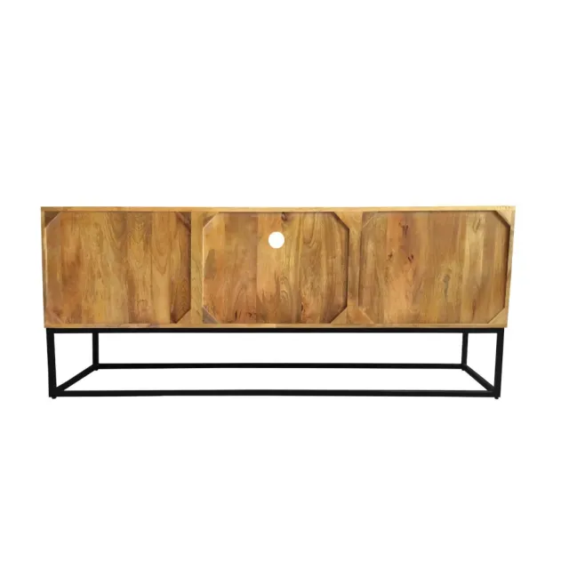 Meuble tv SCORPION 160 cm – Bois de manguier sculpté 3D, piètement noir