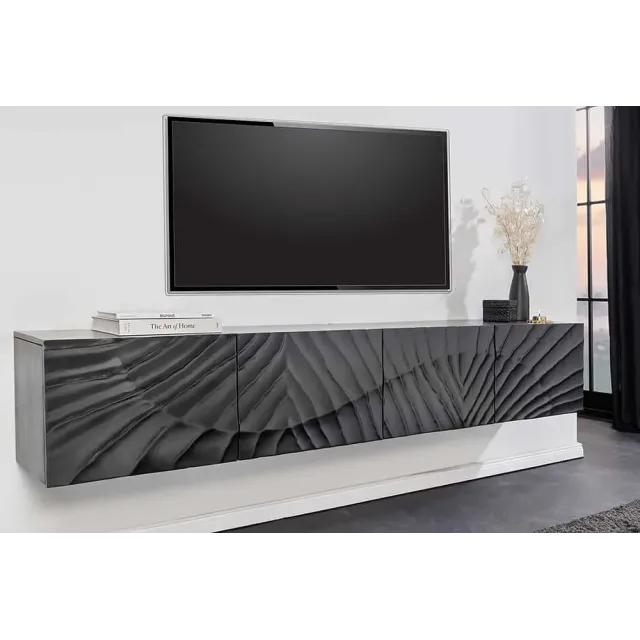 Meuble tv suspendu  SCORPION 200 cm – Bois massif de manguier noir, design suspendu sculpté 3D