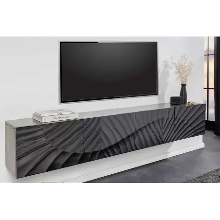 Meuble tv suspendu  SCORPION 200 cm – Bois massif de manguier noir, design suspendu sculpté 3D