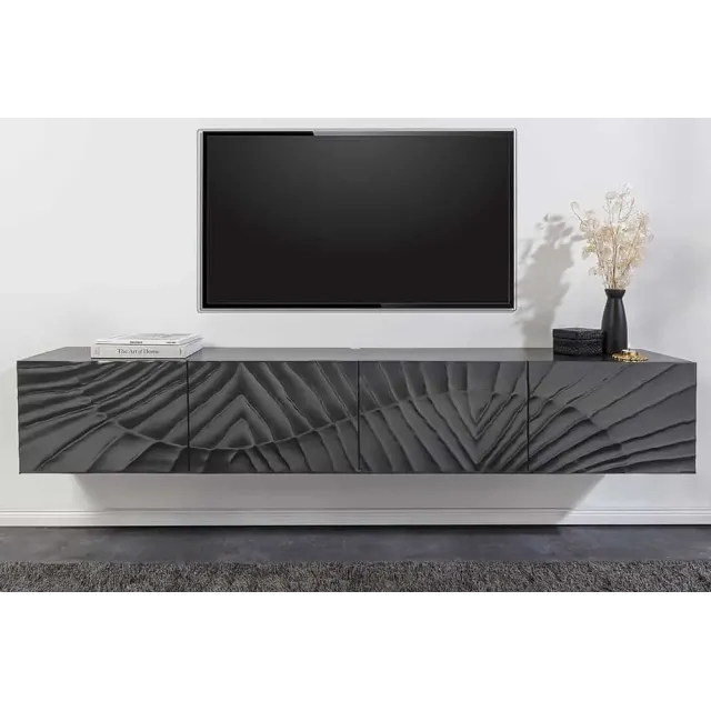 Meuble tv suspendu  SCORPION 200 cm – Bois massif de manguier noir, design suspendu sculpté 3D