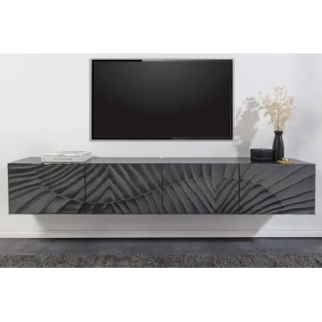 Meuble tv suspendu  SCORPION 200 cm – Bois massif de manguier noir, design suspendu sculpté 3D