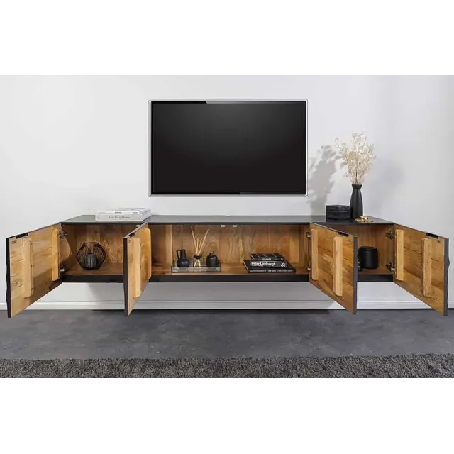 Meuble tv suspendu  SCORPION 200 cm – Bois massif de manguier noir, design suspendu sculpté 3D